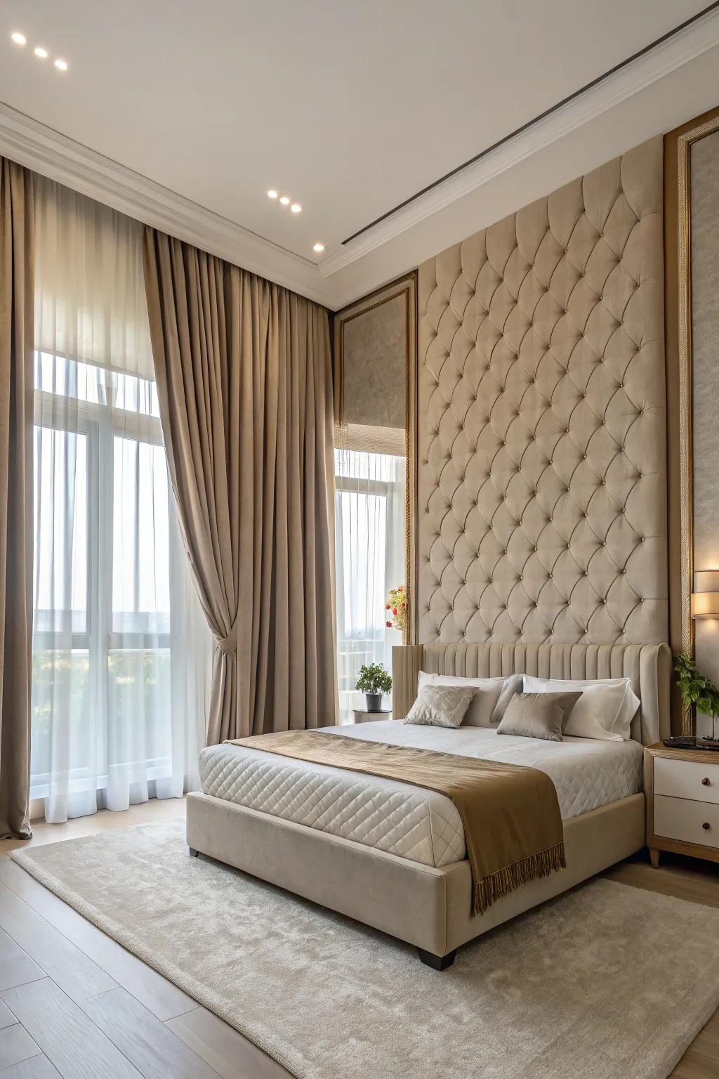 Vertical design elements enhance the roomy atmosphere of this large boudoir.