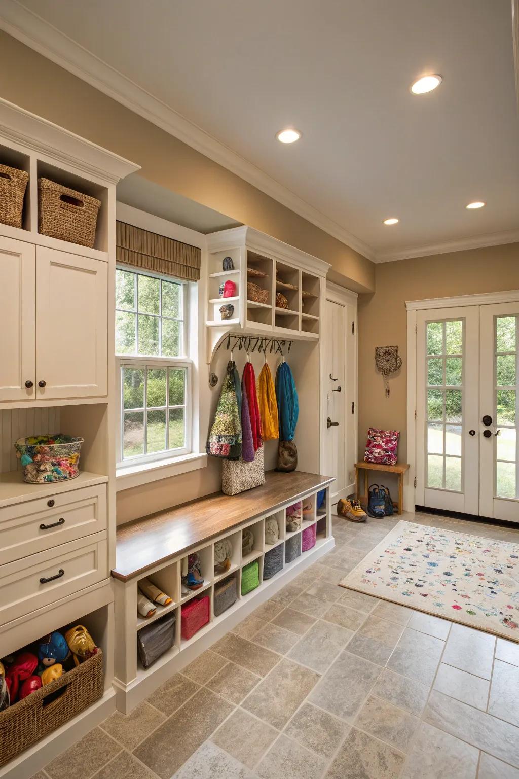 A multifunctional laundry room with craft and mudroom areas.
