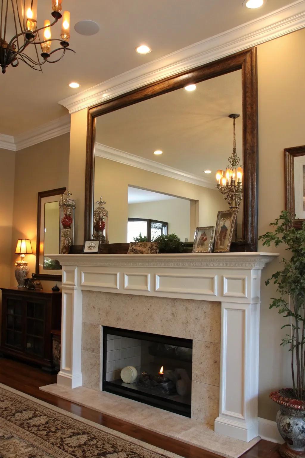 A reflection above the mantel acts as a stunning focal point.