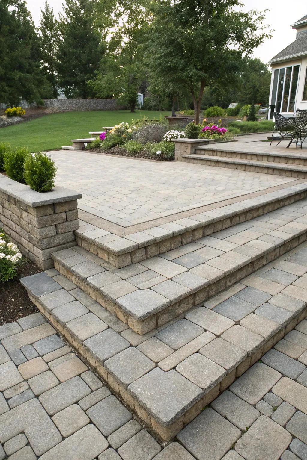 Multi-tiered patios establish distinct and captivating outdoor environments.