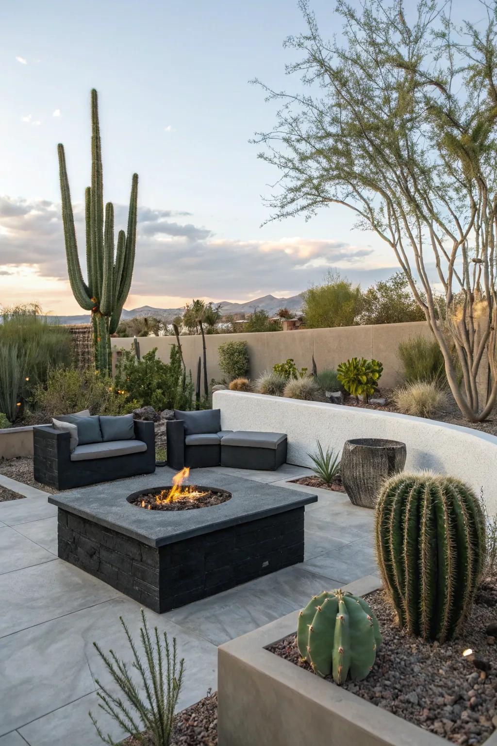 Contemporary hearth pit with wraparound seating in a Las Vegas backyard.