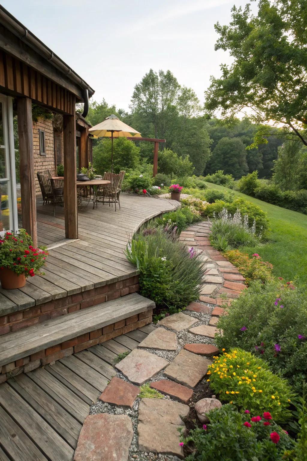 Brick skirting incorporates a hint of countryside appeal to this lawn deck.