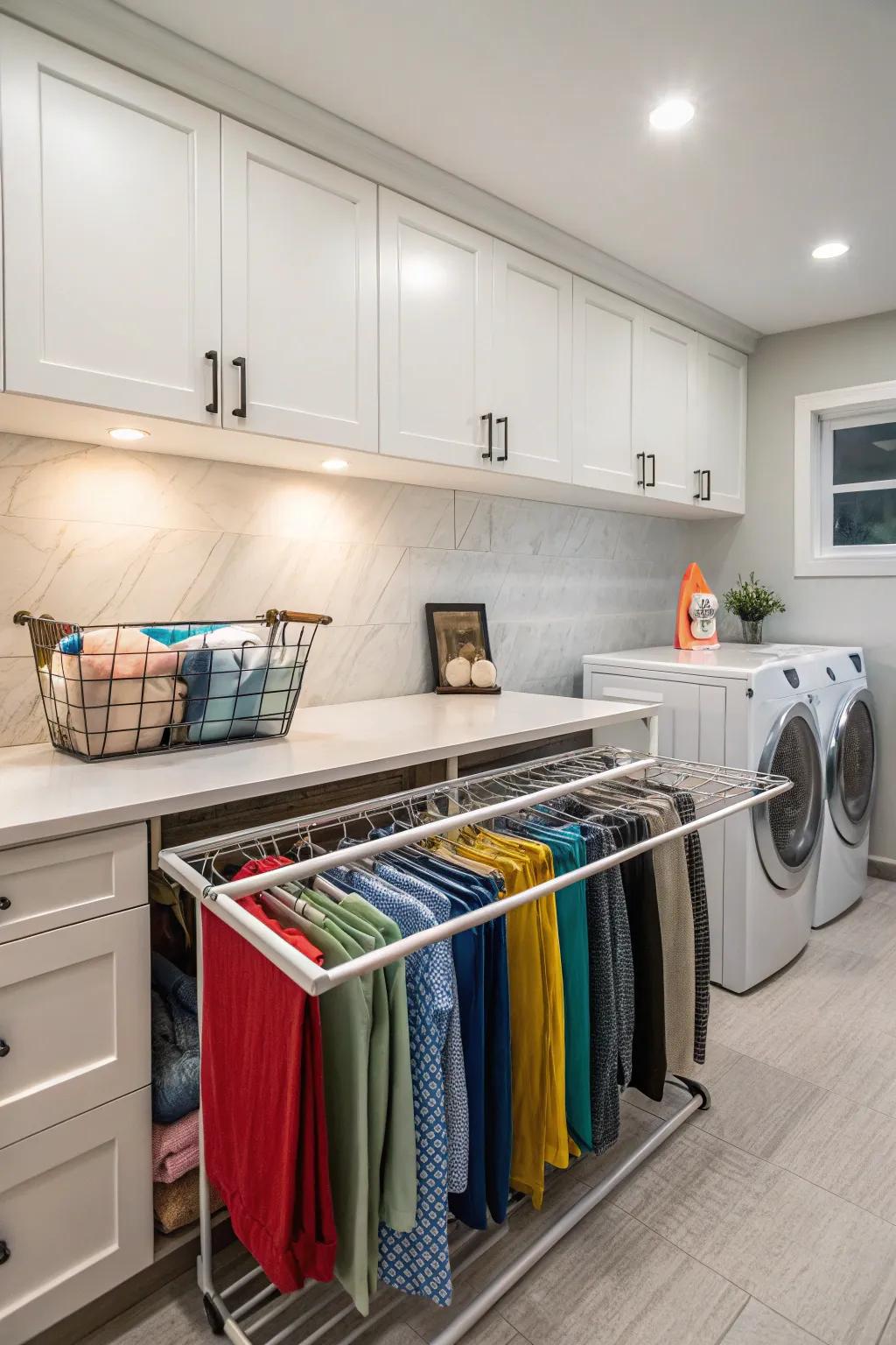 Under a laundry area worktop are cleverly positioned integrated drying shelves.