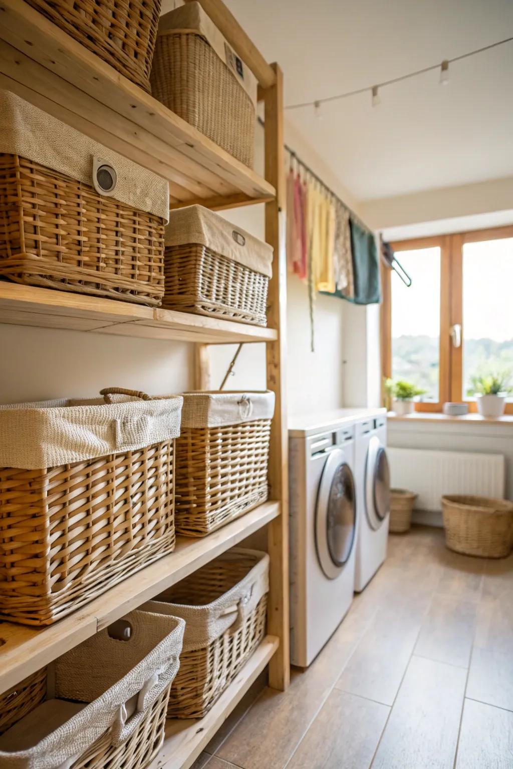 Basket weaves contribute warmth and function to this laundry space.