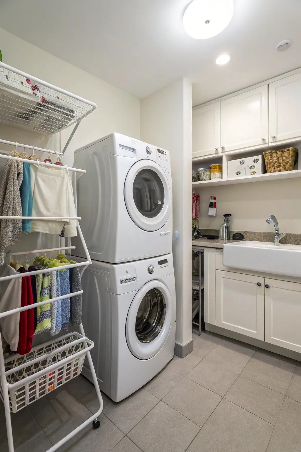 An elegant yet practical, attached drying rack for all laundry requirements.