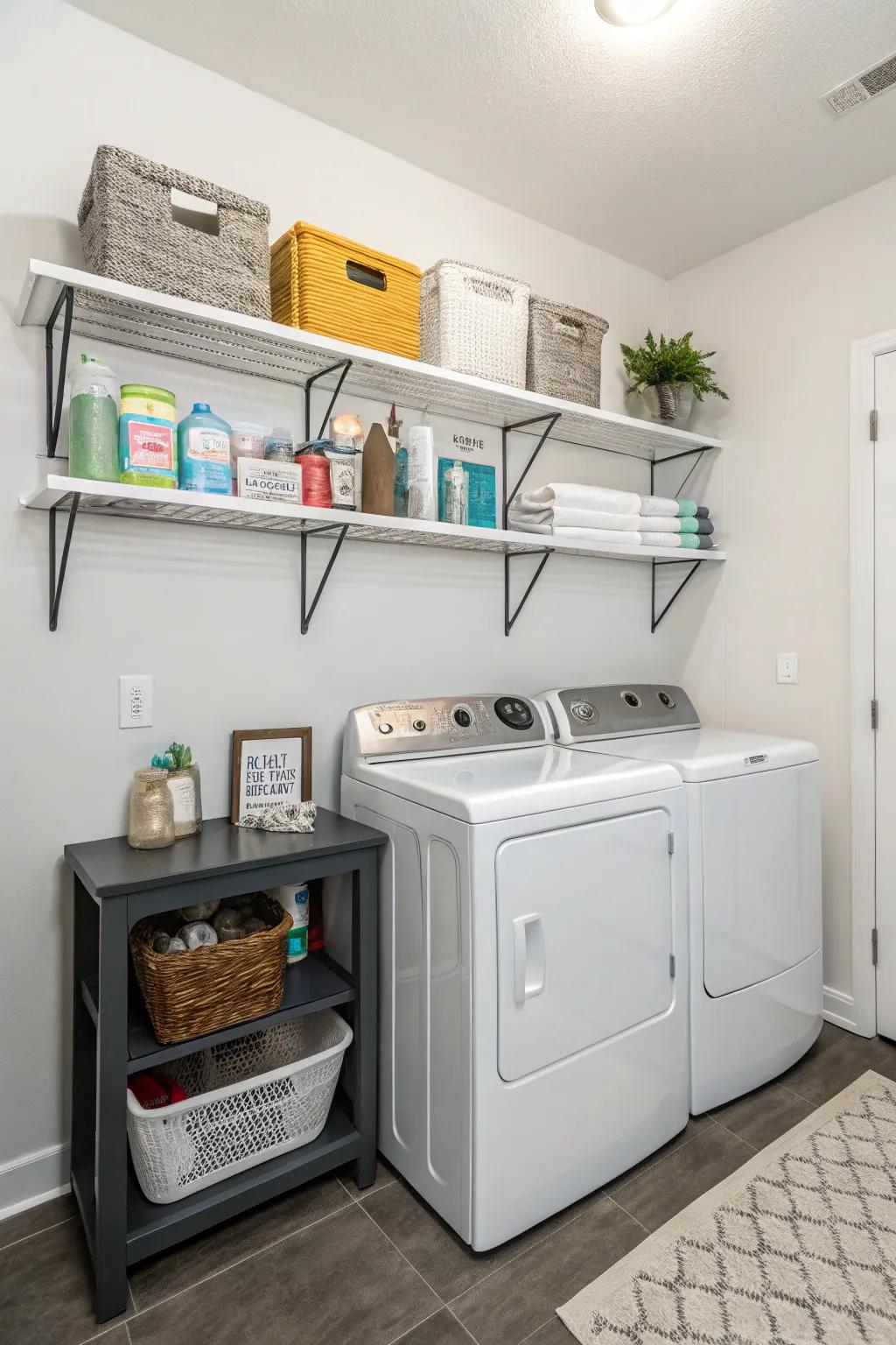 Wall-mounted shelves allow easy access to necessities.