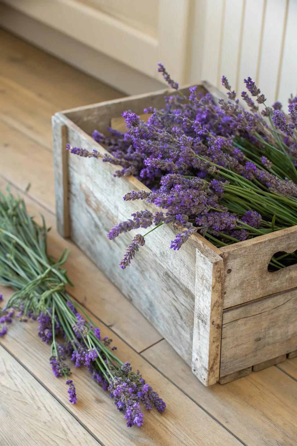 Rustic charm highlighted by a wooden container overflowing with lavender.
