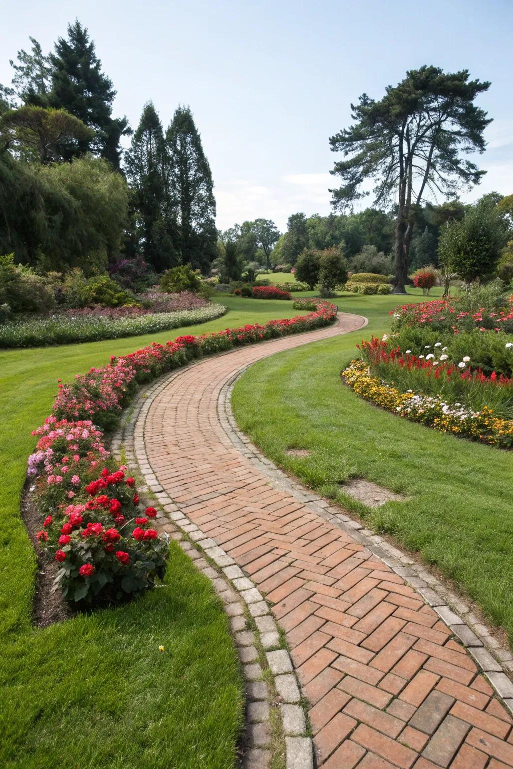 A charming brick walkway meandering through a lush garden.