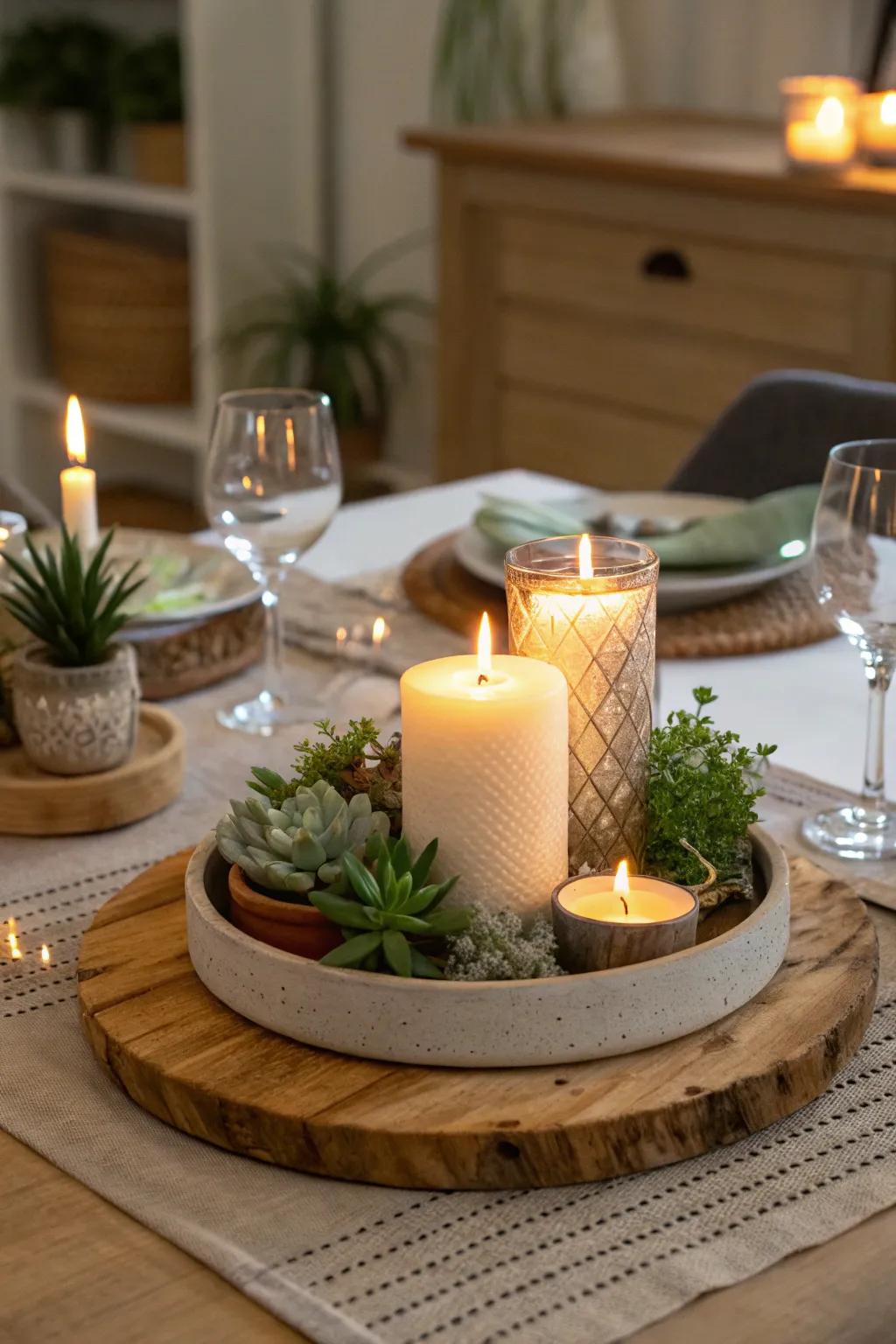 A sophisticated dining table arrangement featuring a spinning organizer as the centerpiece.