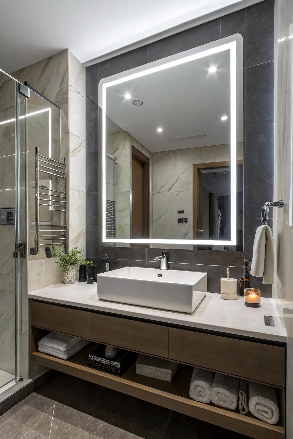 A block illuminated mirror enhances the modern aesthetic of the bathroom.