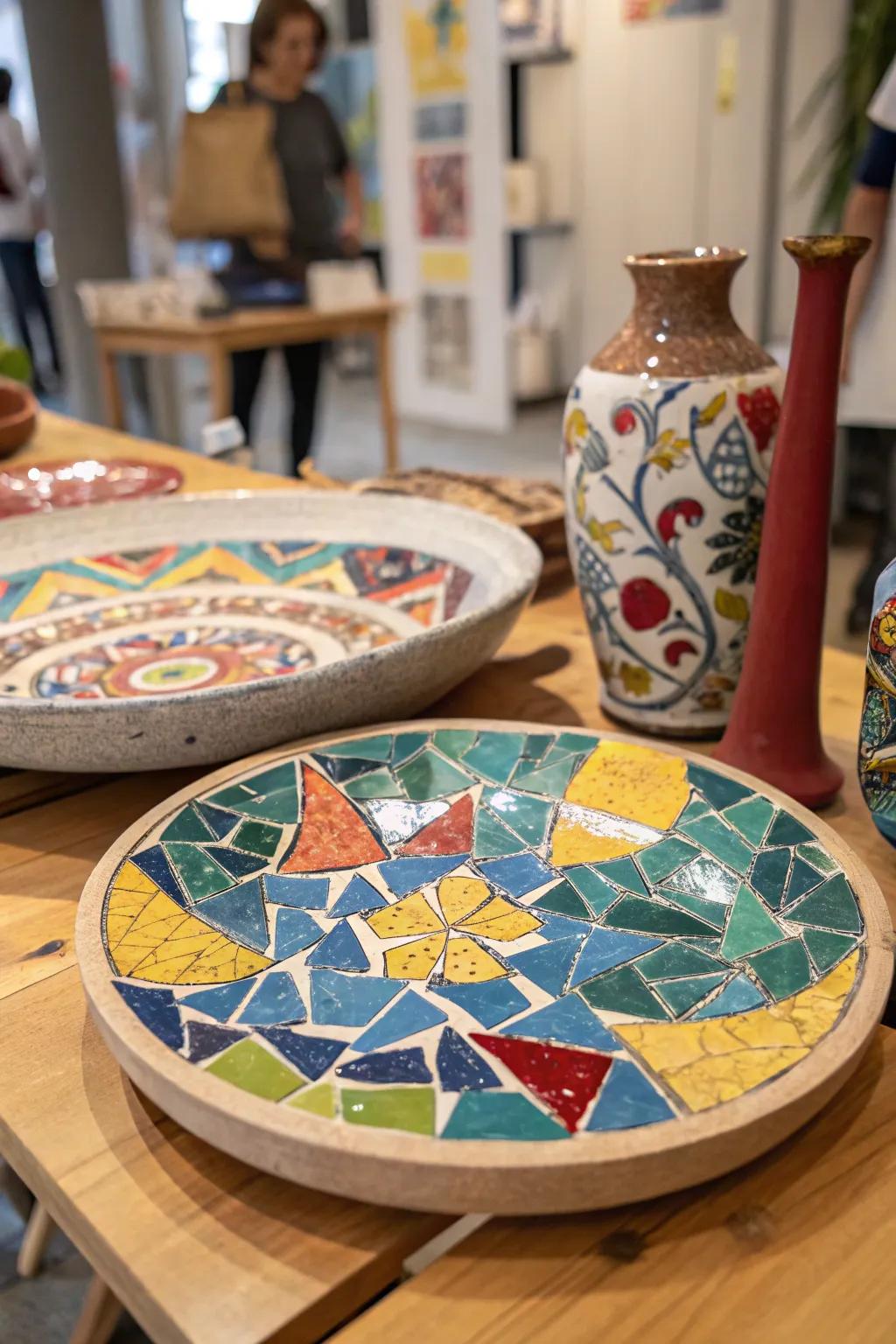 A vibrant mosaic art piece fashioned from broken plate shards.