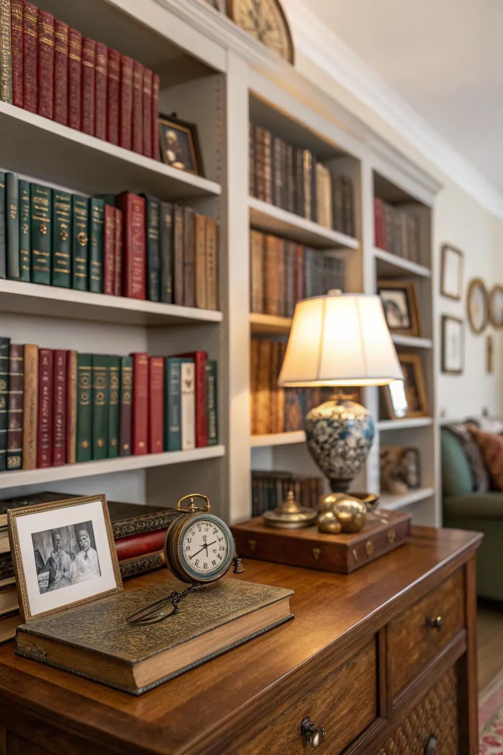 Bookshelves decorated with personal mementos and family heirlooms.