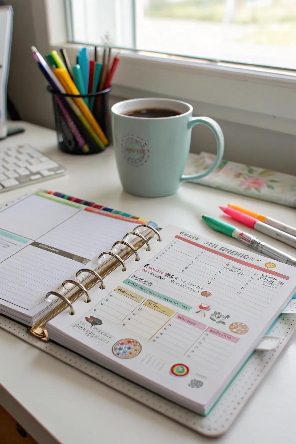 A weekly schedule assists in monitoring daily and weekly tasks.