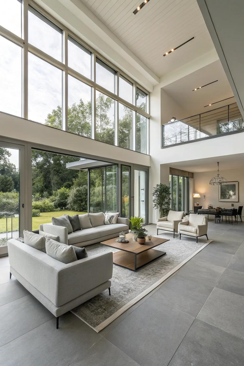 Muted grey flooring delivers a modern base in this open-concept living zone.