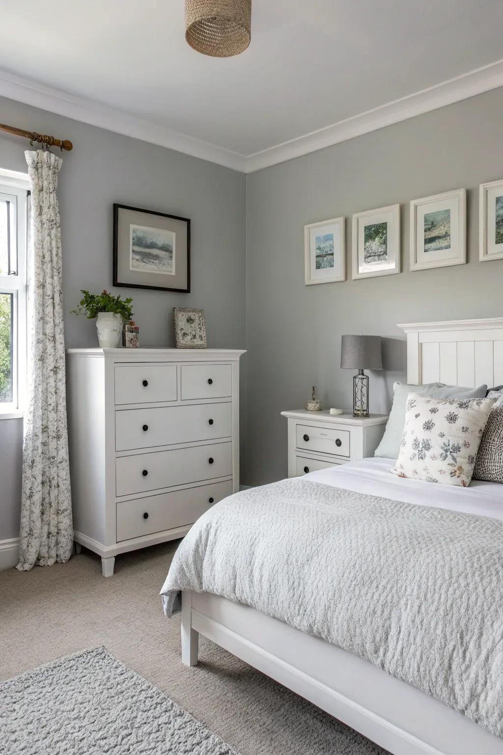 White furniture complements pale grey walls.