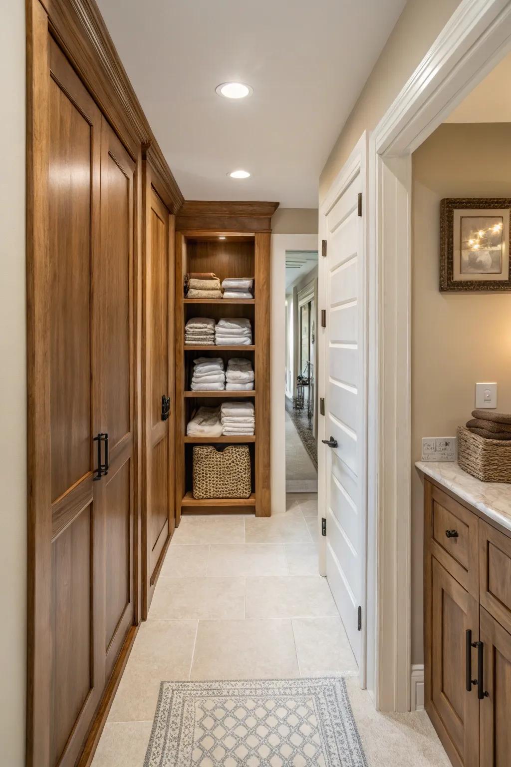 Bespoke integrations deliver a tailored and unified layout for your linen closet.