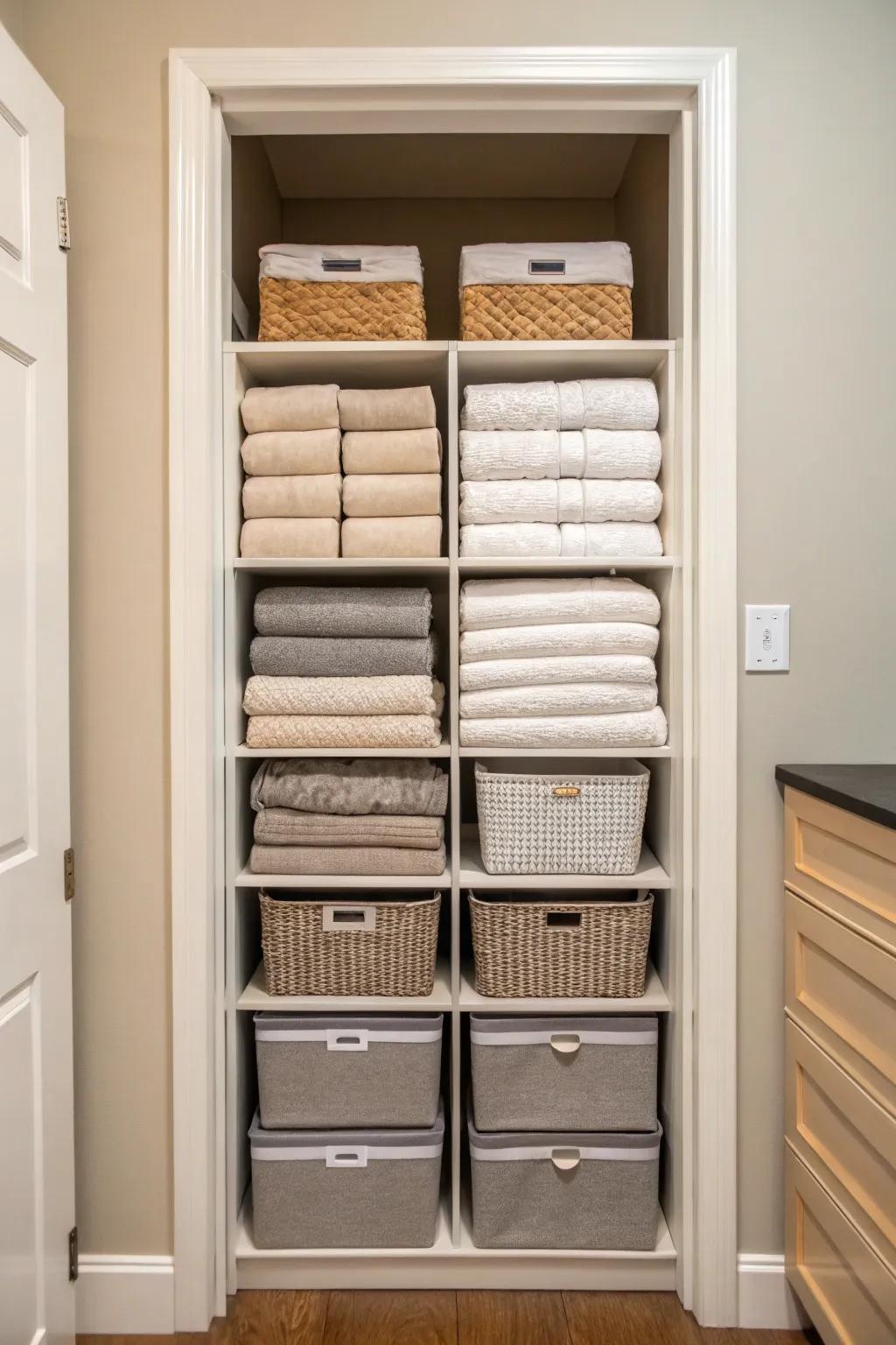 Utilizing vertical space maximizes storage in a linen closet.