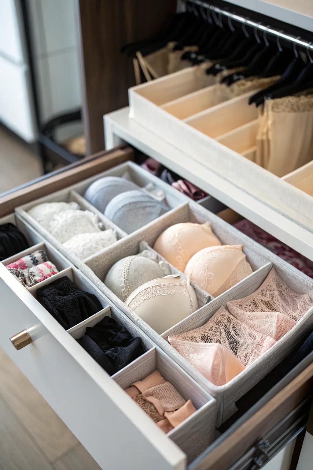 Drawer organizers keep your lingerie arranged and accessible.