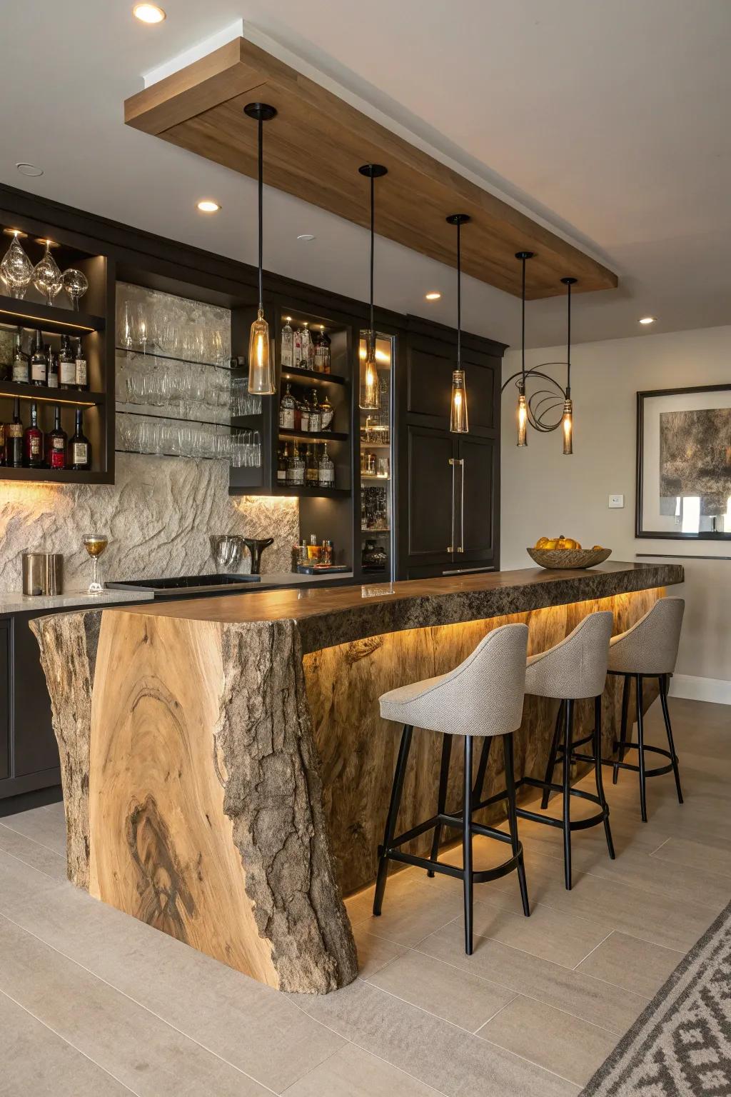 A natural-edge bar displaying singular shapes, spotlighting its natural artistry within a stylish home bar.