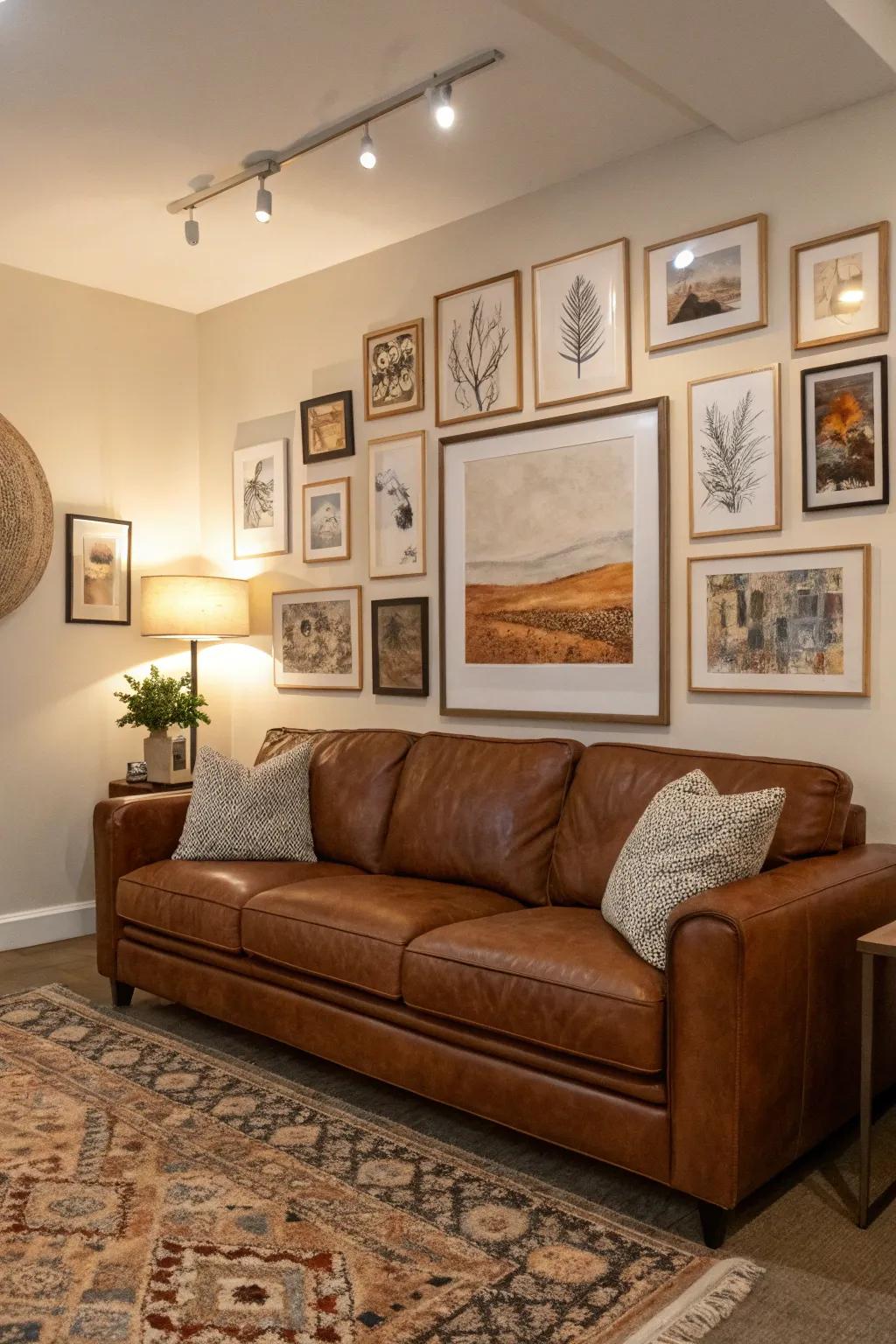 Art elevates the stylish charm of the family room.