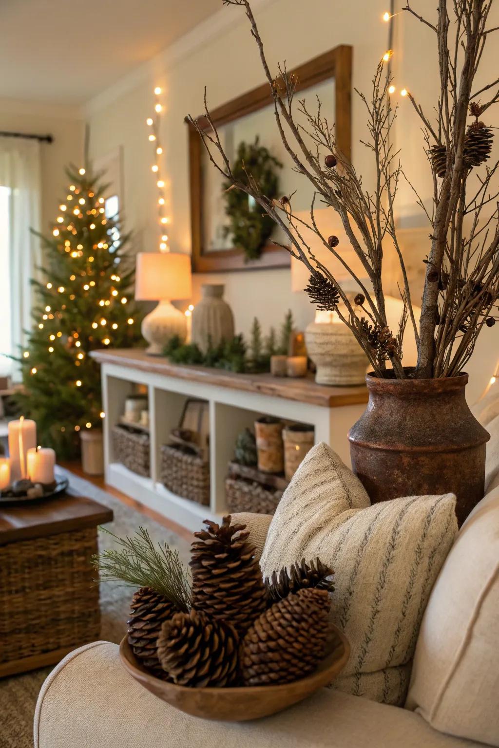 Natural accents such as pine cones and sprigs create an inviting fall-inspired vibe.