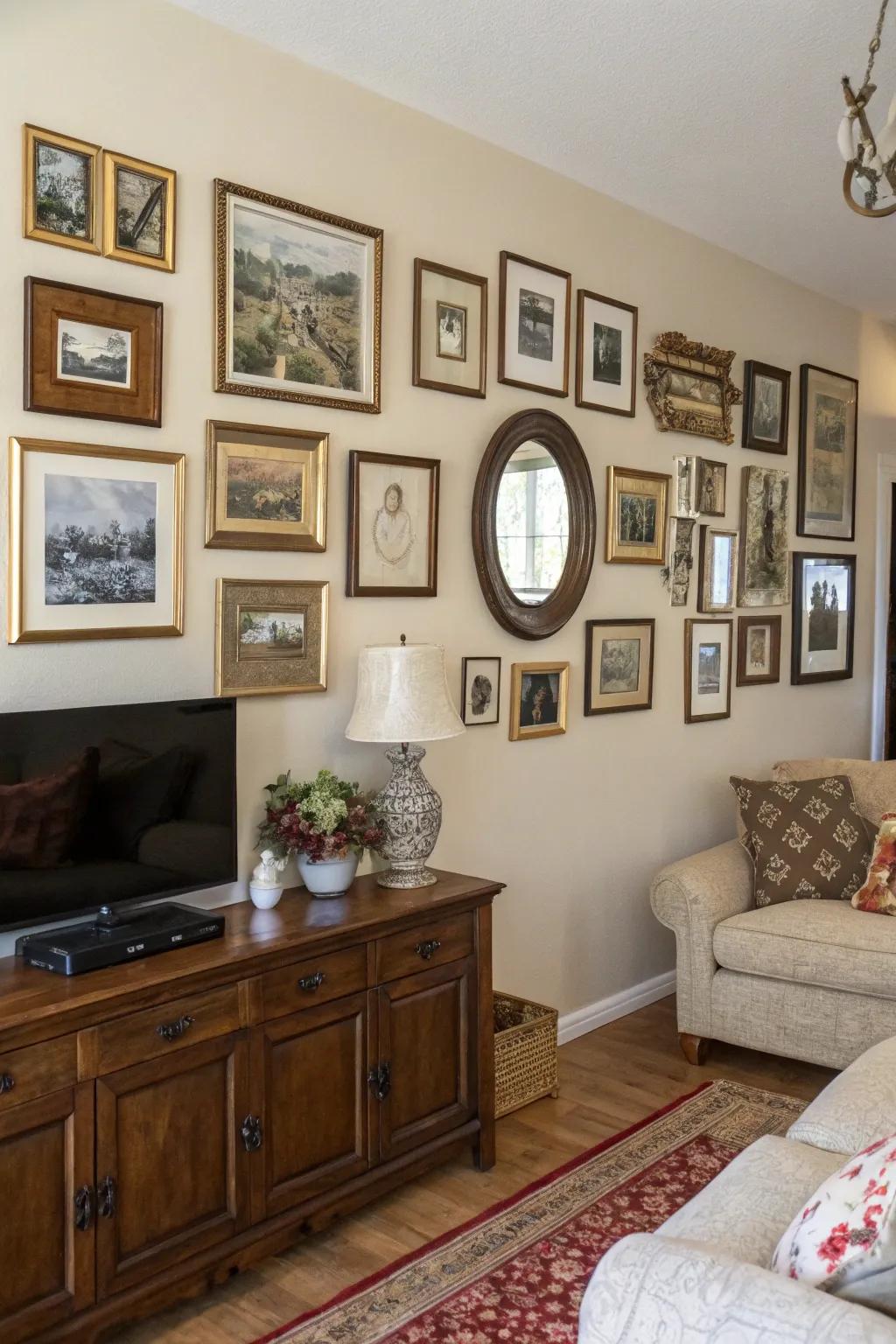 A gallery wall adds a personal and artistic touch.