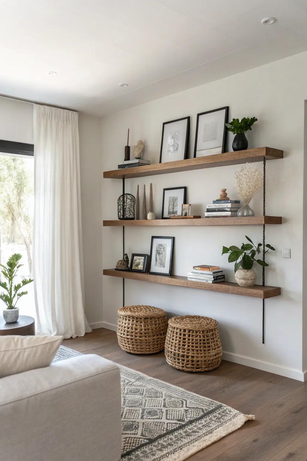 Adopt the essence of simplicity through streamlined floating shelves.