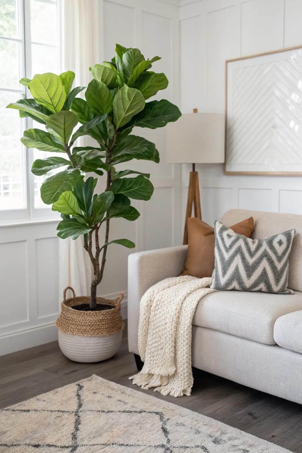 A Violin Leaf Fig enhances the living area's aesthetic.