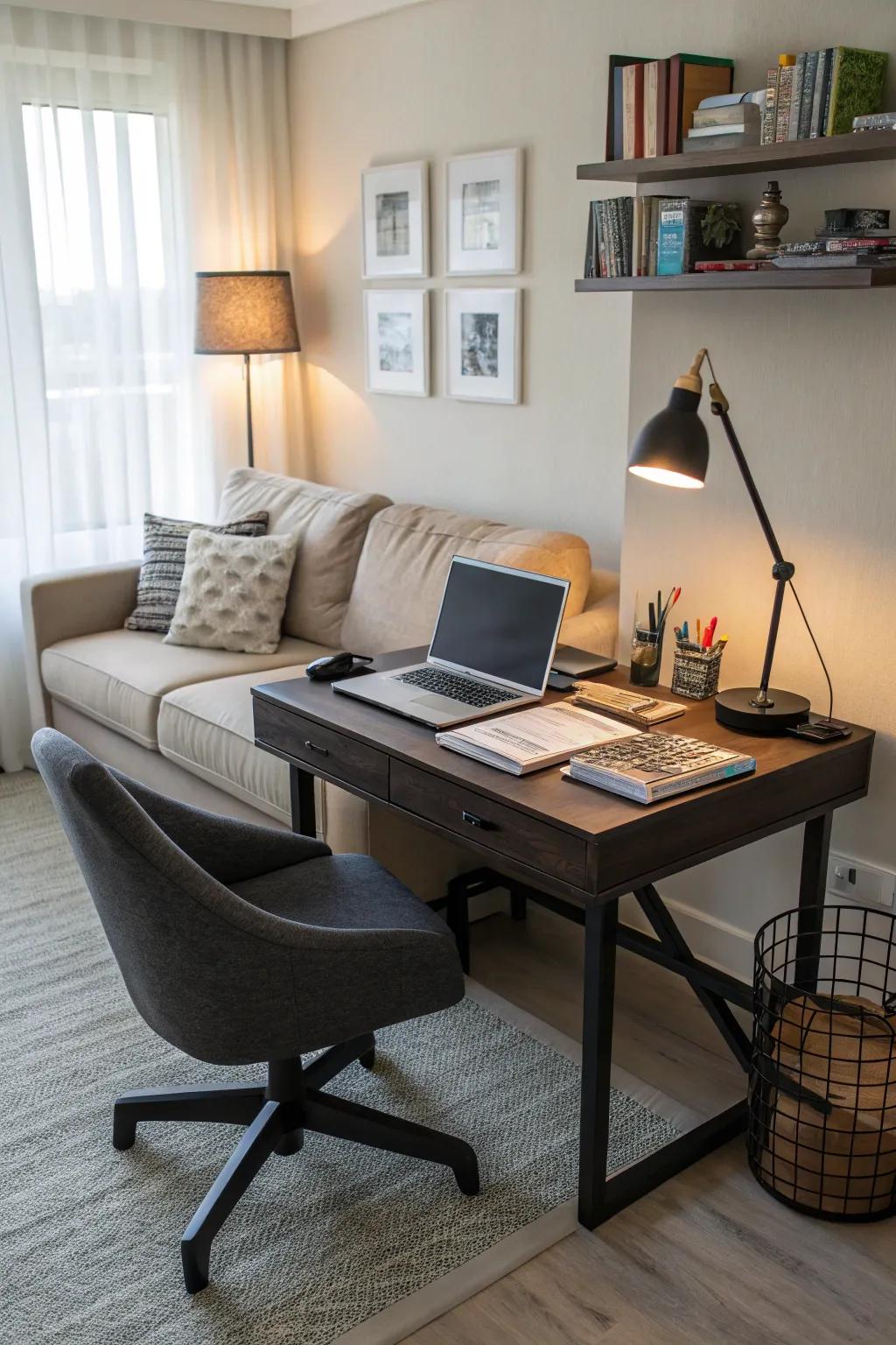 An intelligent setup utilizing the area behind the sofa.