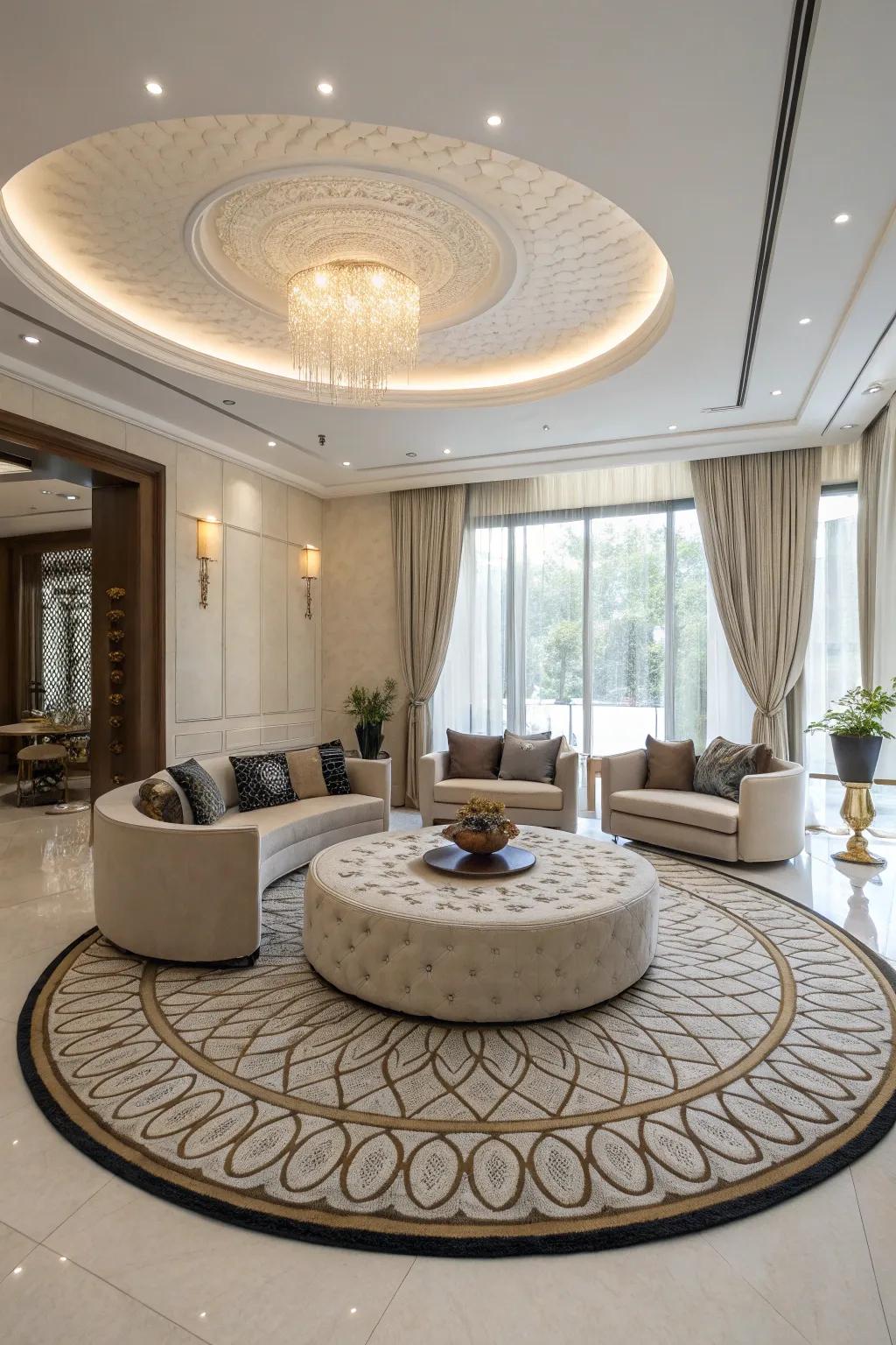Circular rugs introduce dynamic flow and soften room edges.