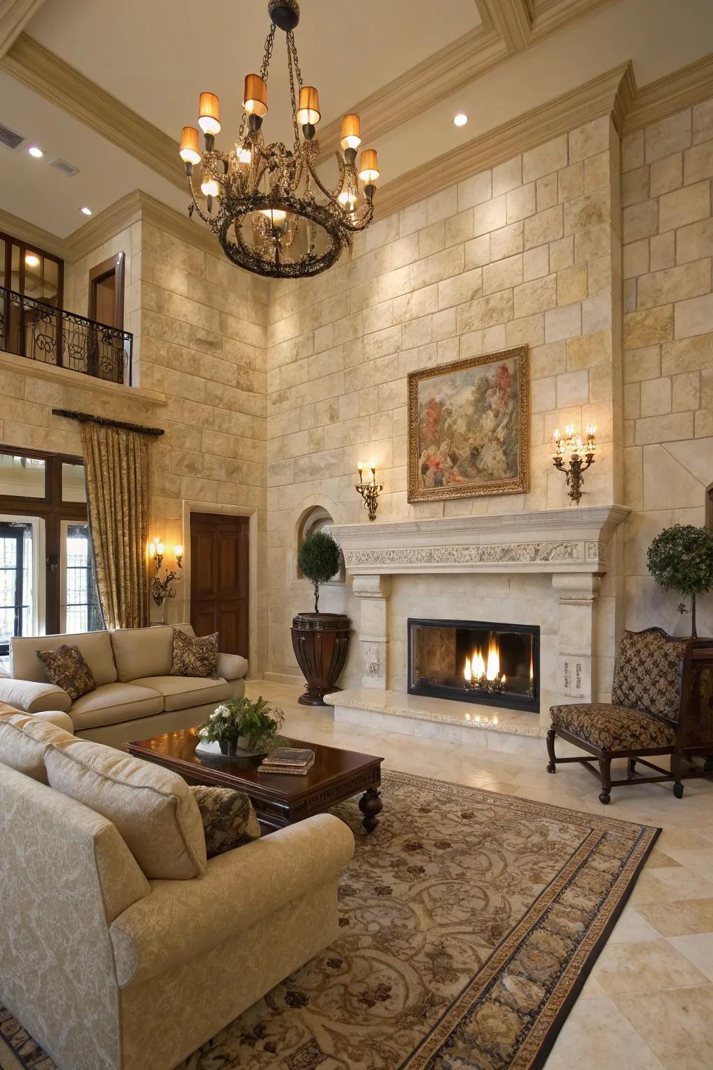 Living room with luxurious natural stone tiles around the fireplace.