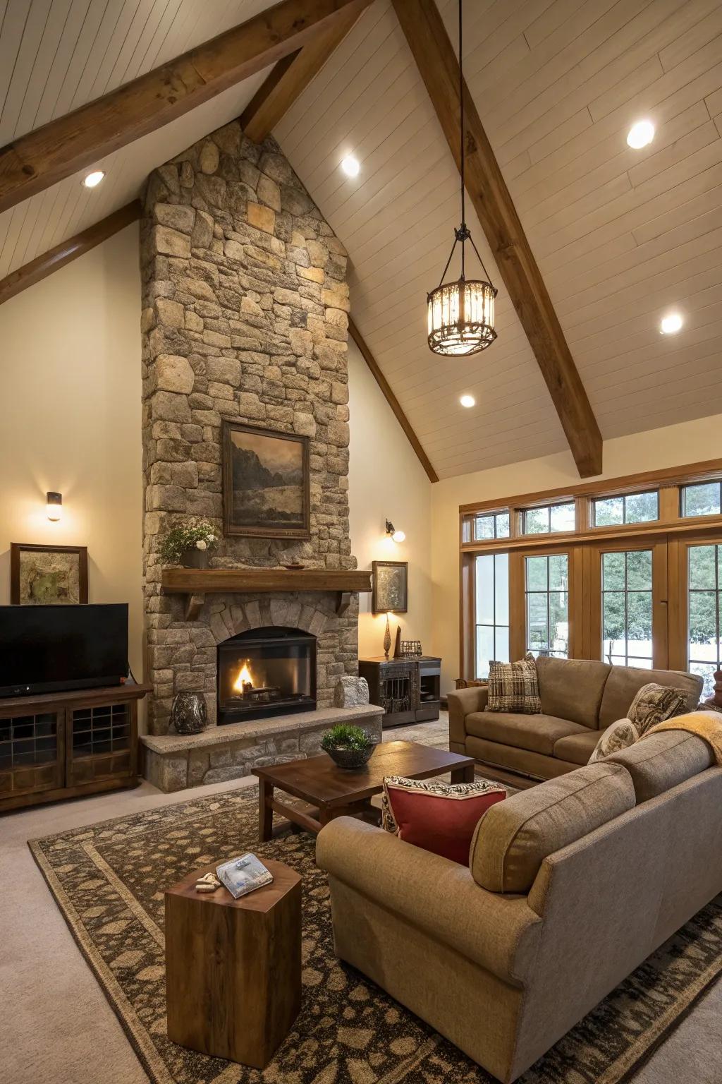 A stonework fireplace creates a comforting focal point in a high ceiling space.