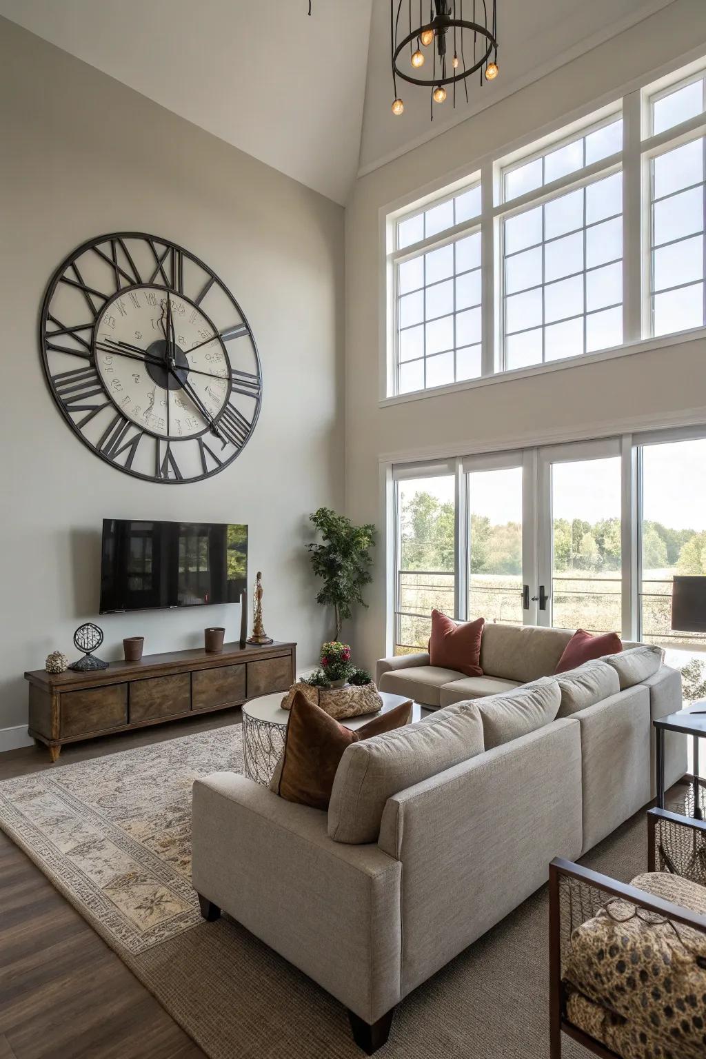 An oversized wall ticker makes a striking statement in a contemporary living room.
