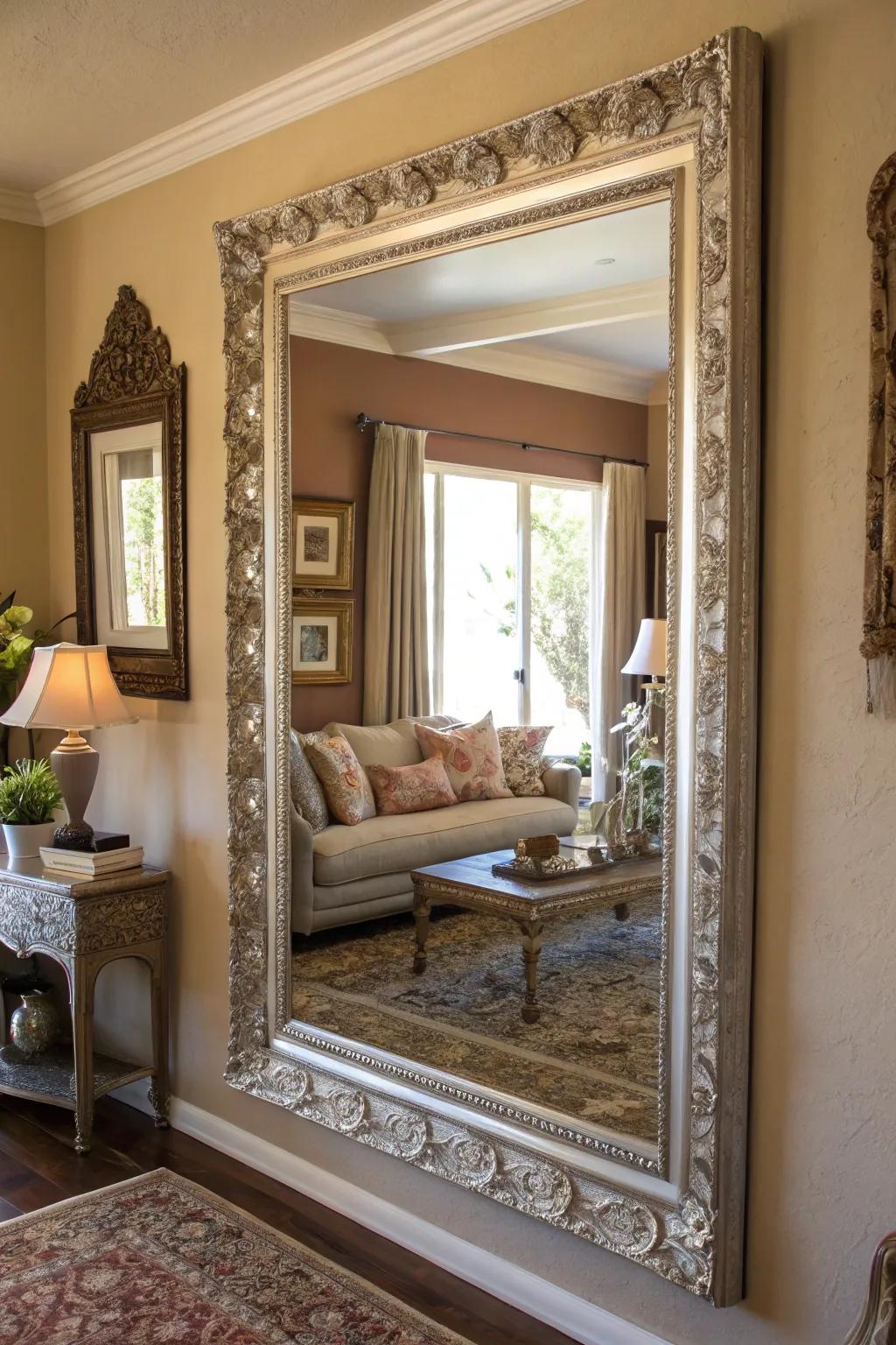 A sizable mirror reflects light to illuminate the living space.