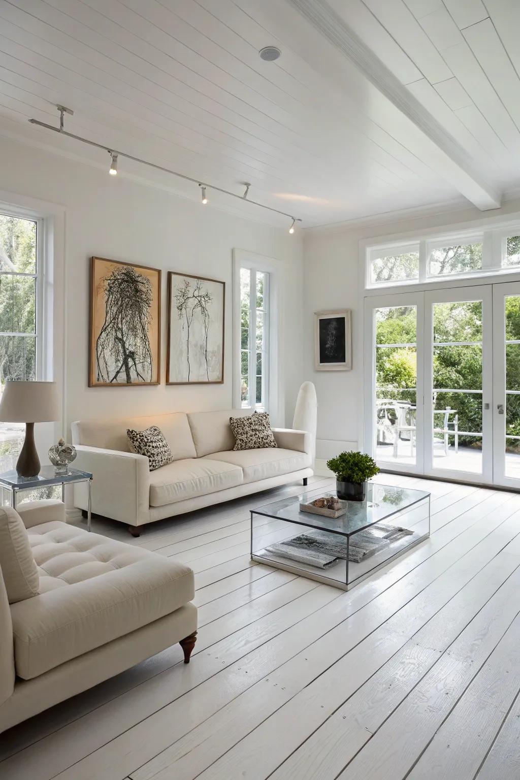 Modern furniture enhances the contemporary charm of white wood floors.