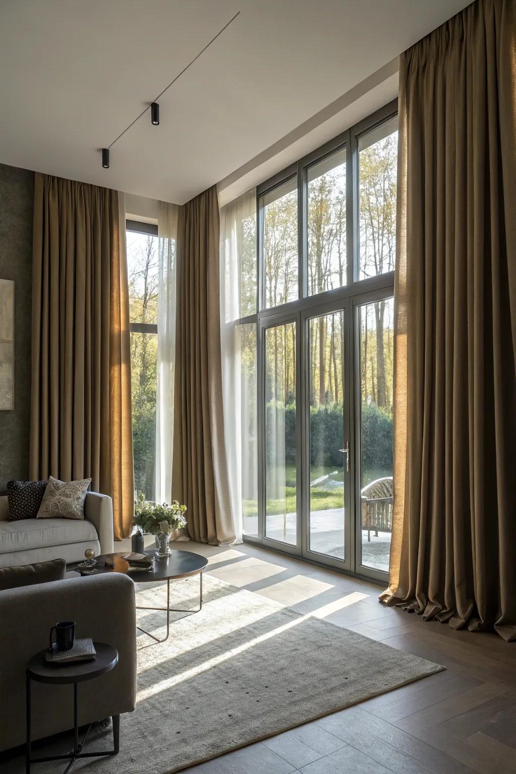 Floor-to-ceiling drapes adding grandeur and sophistication to a living area.