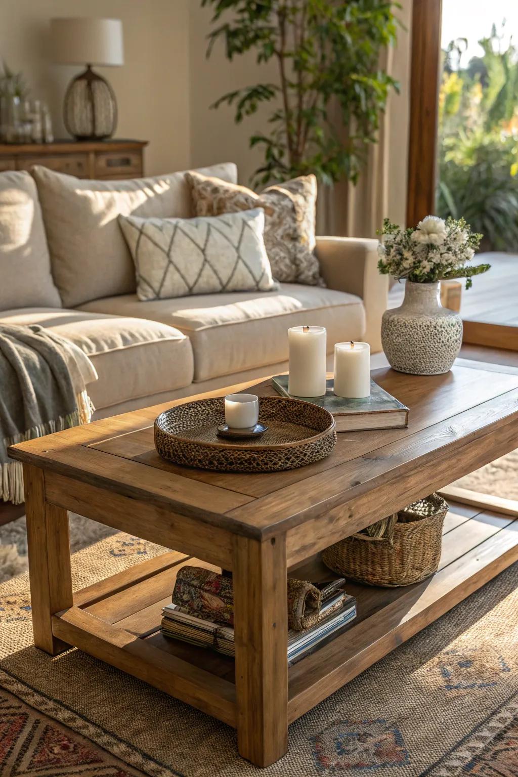 A timber center table introduces a hint of warmth and natural grace to your living area arrangement.