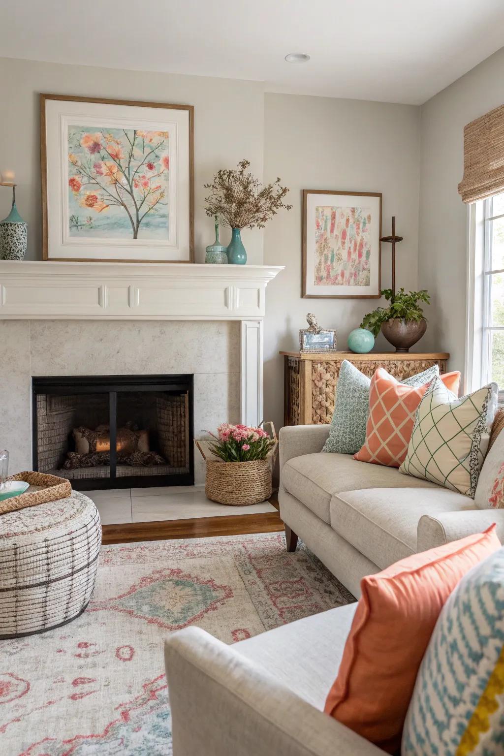 A neutral living room lifted by colorful cushions and art around the fireside.
