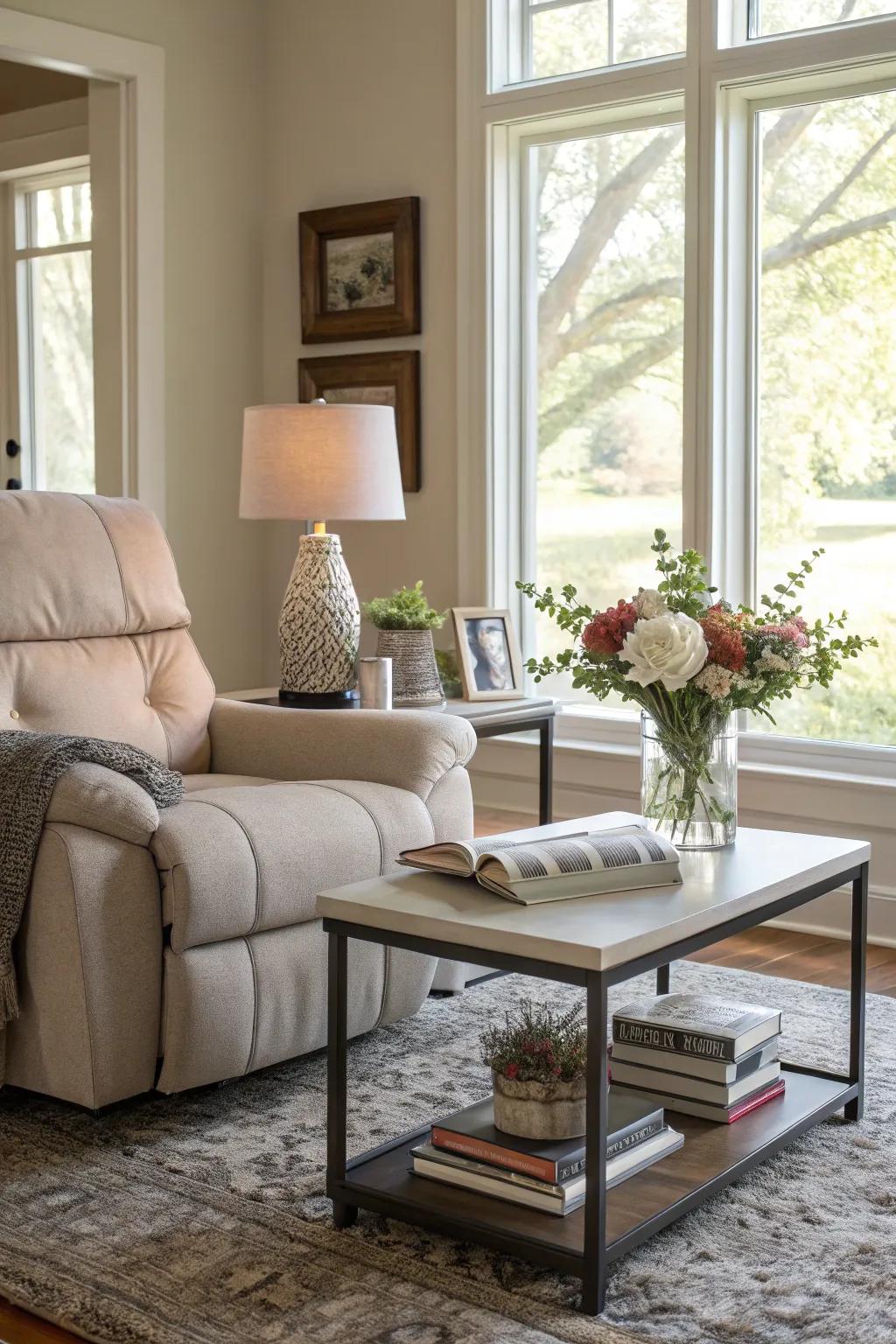 An elegant corner of the living room featuring a recliner complemented by a coffee table.