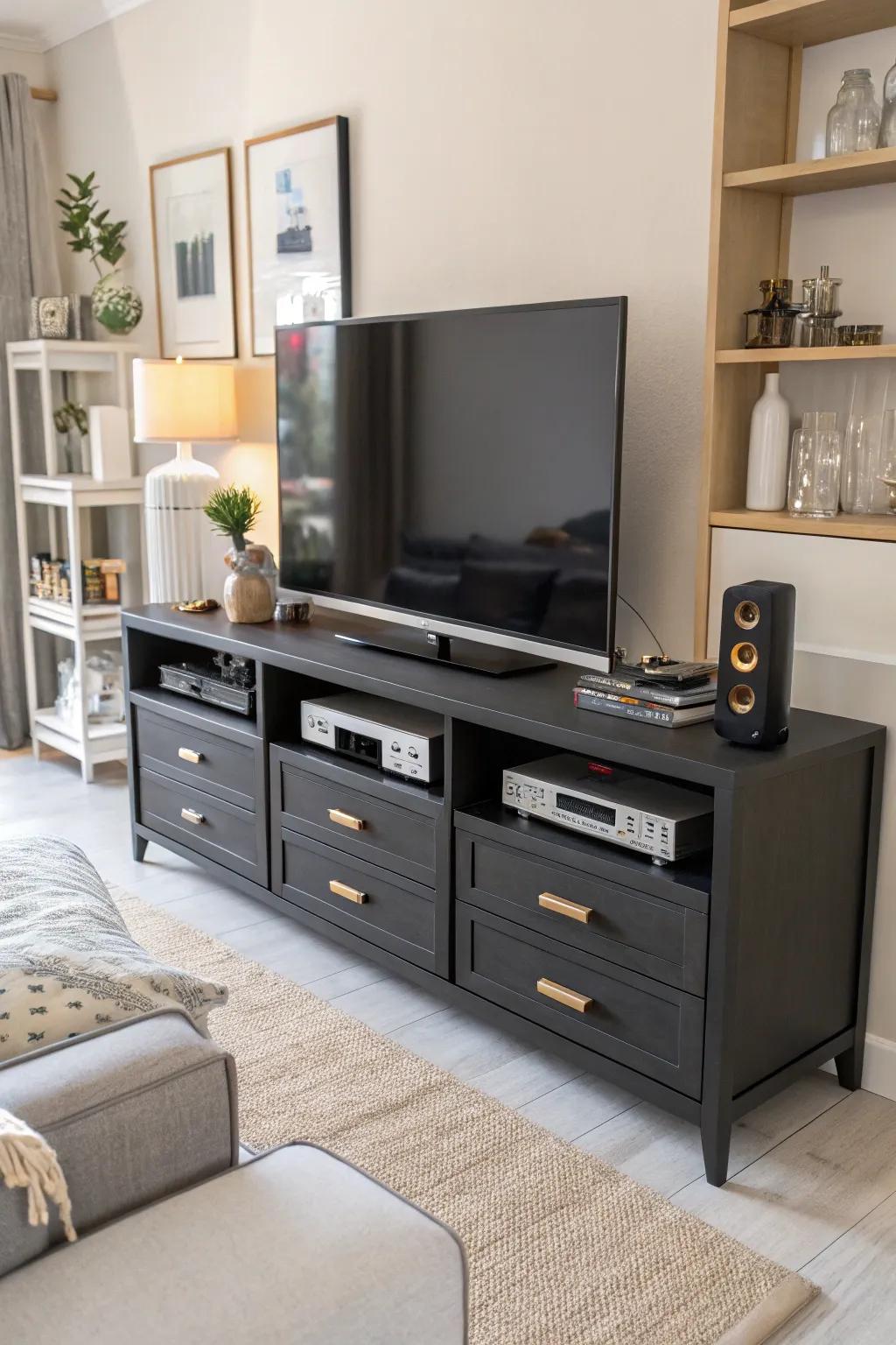 A modern TV stand with storage helps keep the living area organized.