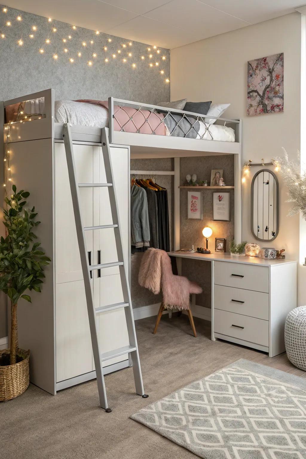 A high sleeper that cleverly includes a wardrobe and dressing zone.