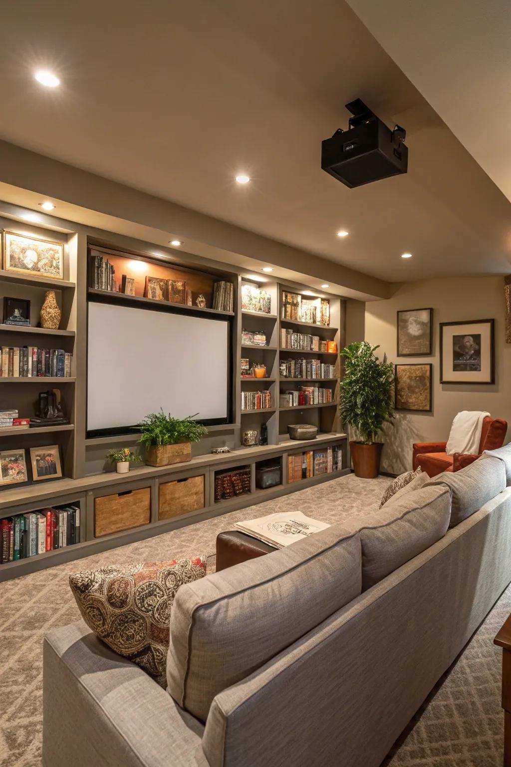 Integrated shelving maintains organization and elegance in your media space.
