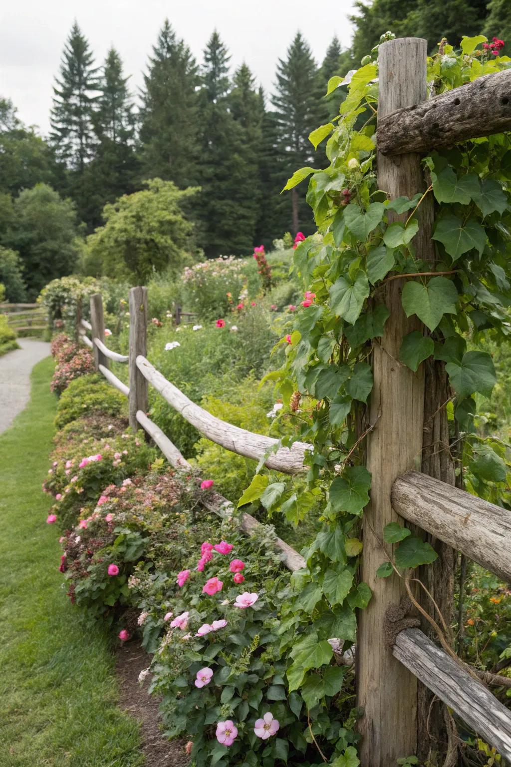 Log fences excel as supports for climbing plants.
