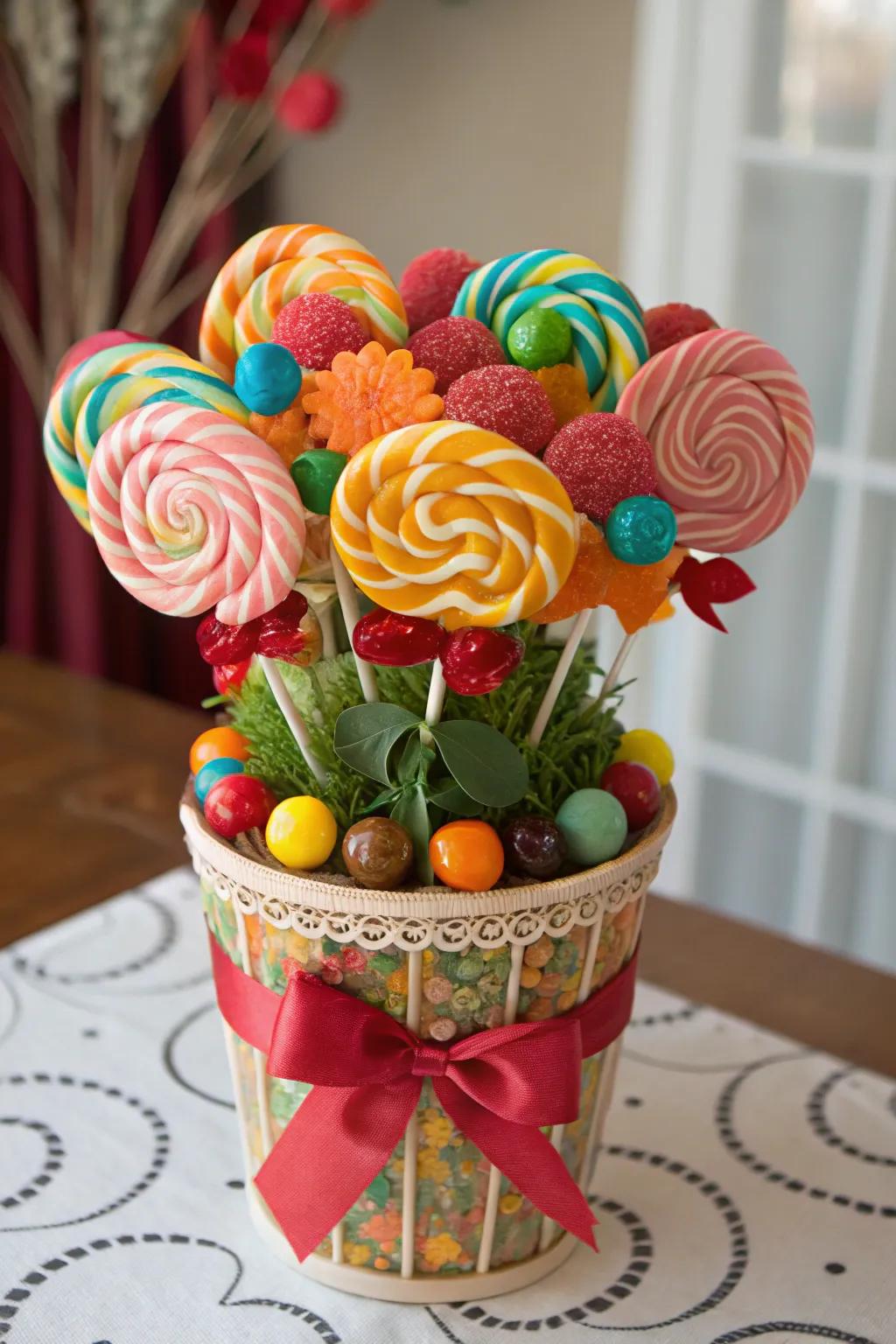 A dynamic candy and sweet treat blossom arrangement