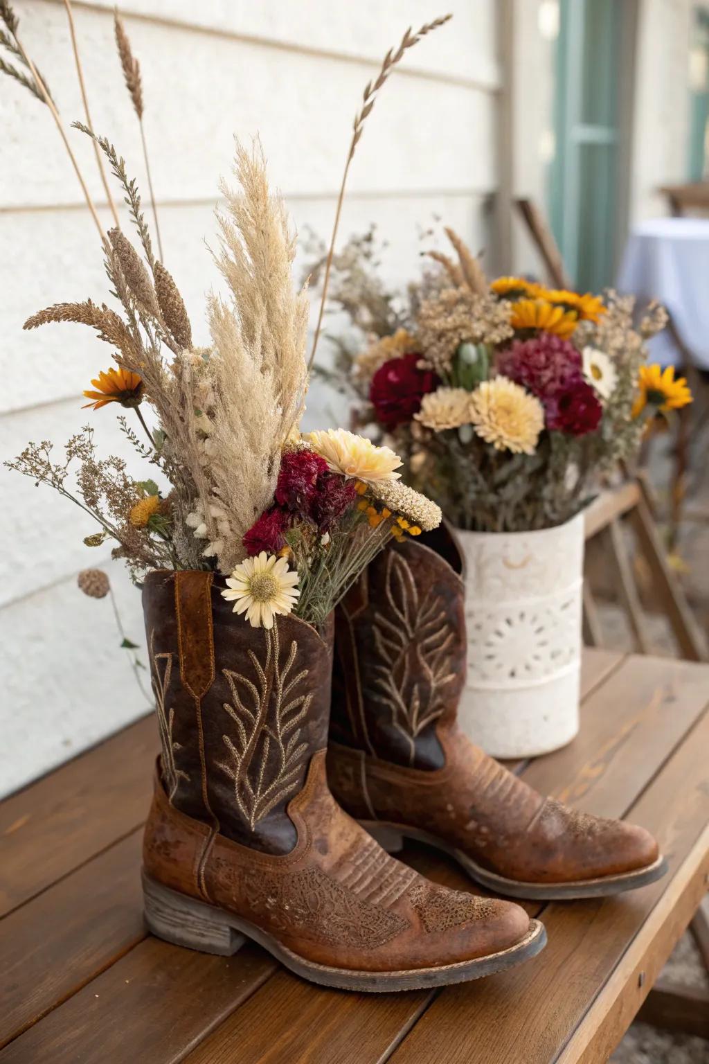 Cowboy boots creatively transformed into charming decorative vases.