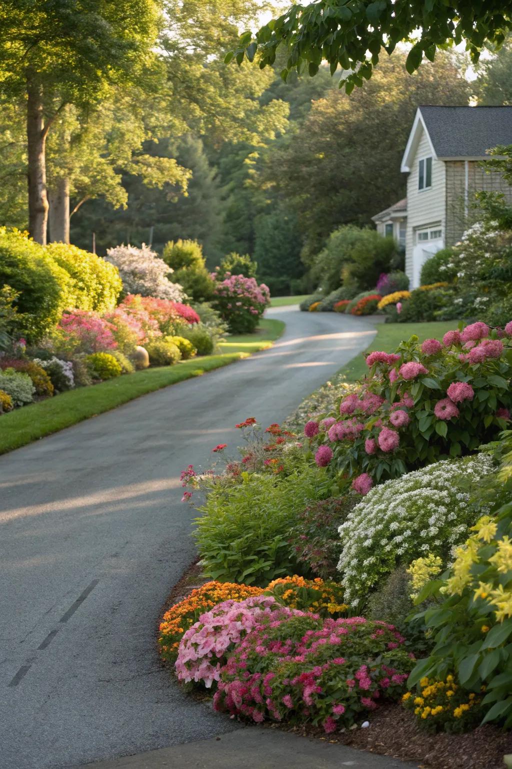 A vivid floral border transforms this driveway into a garden path.