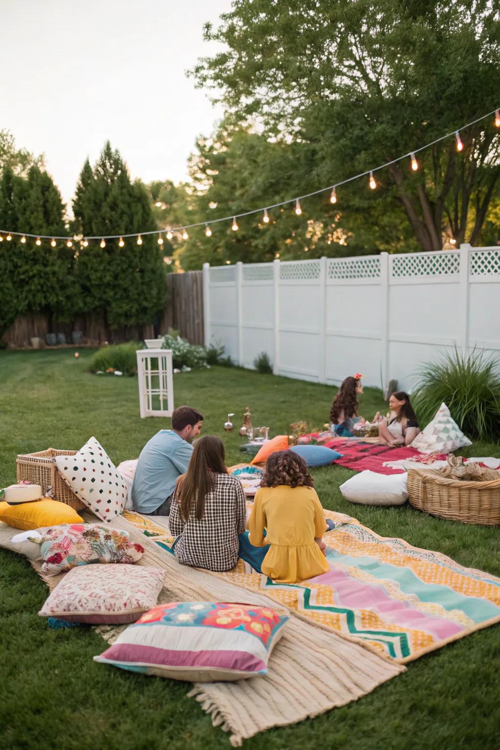 Design a comfortable picnic space for everyone to enjoy.