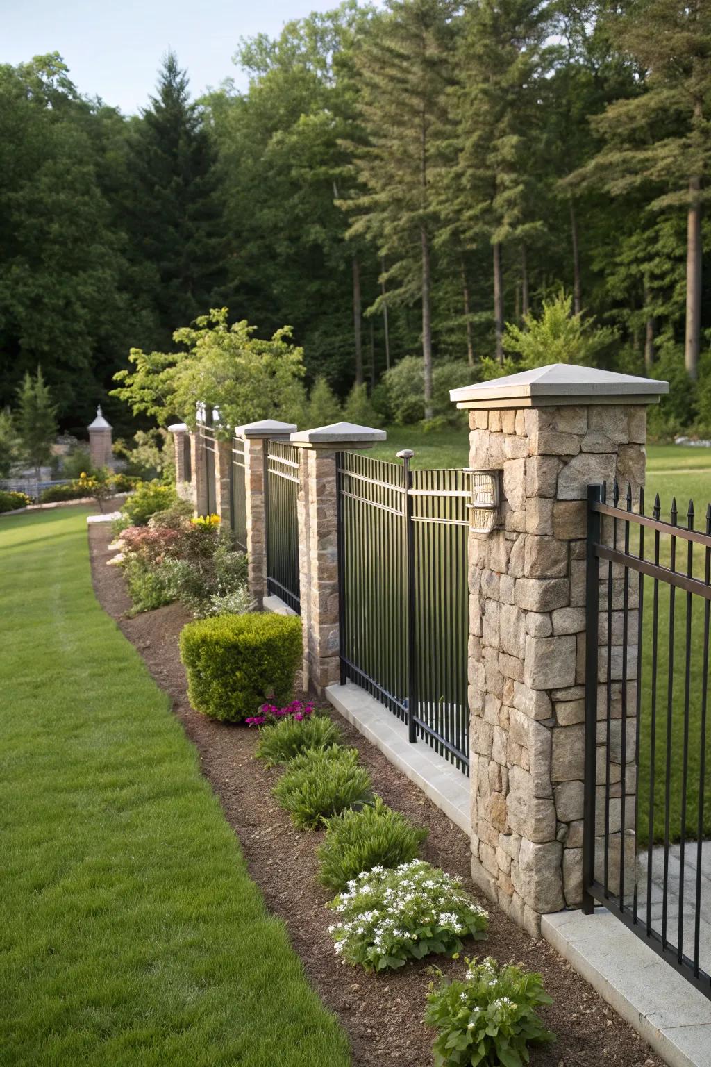 Stone pillars combined with metal panels produce a sturdy yet elegant front garden barrier.