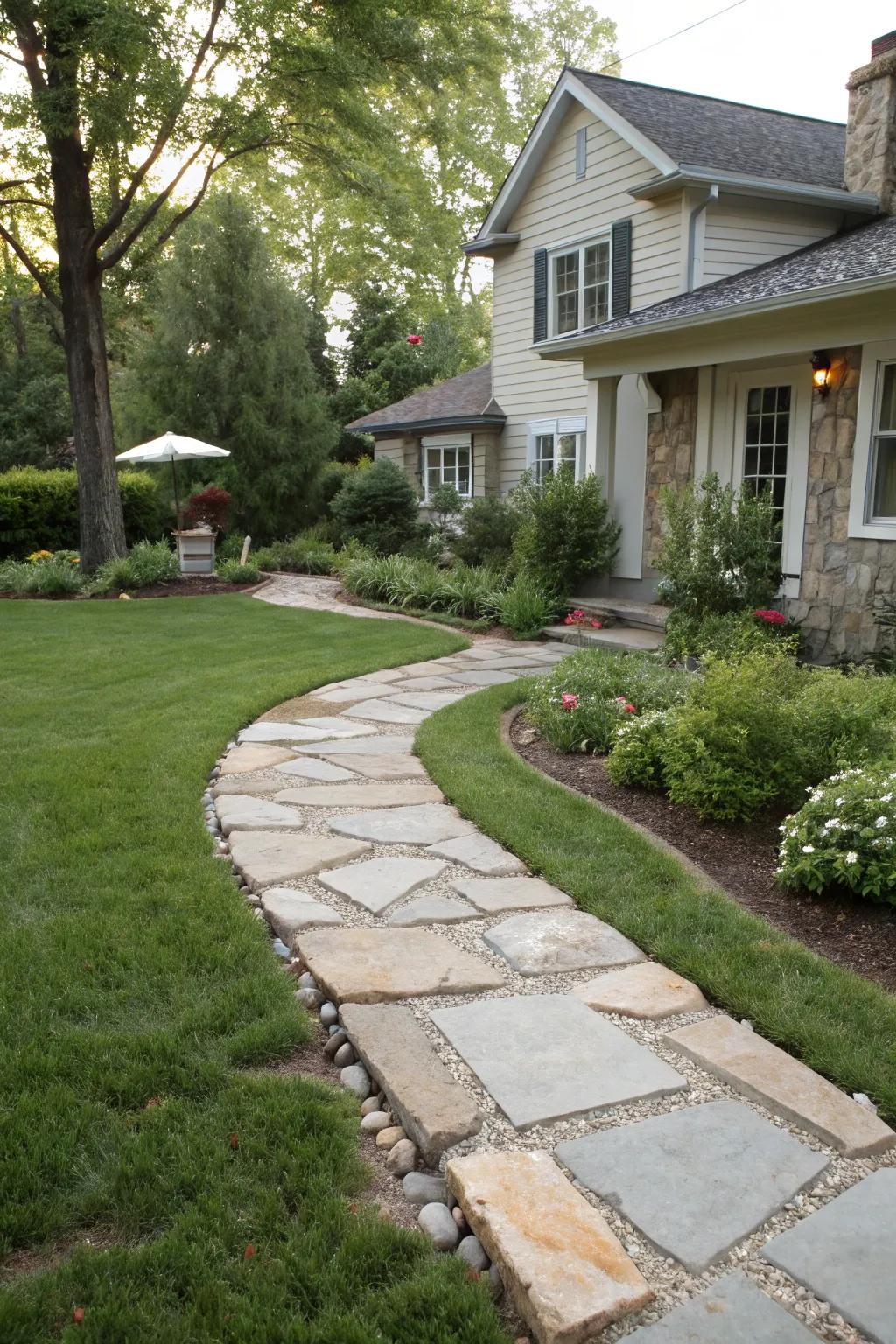 Hardscaping features that define and organize a front yard.