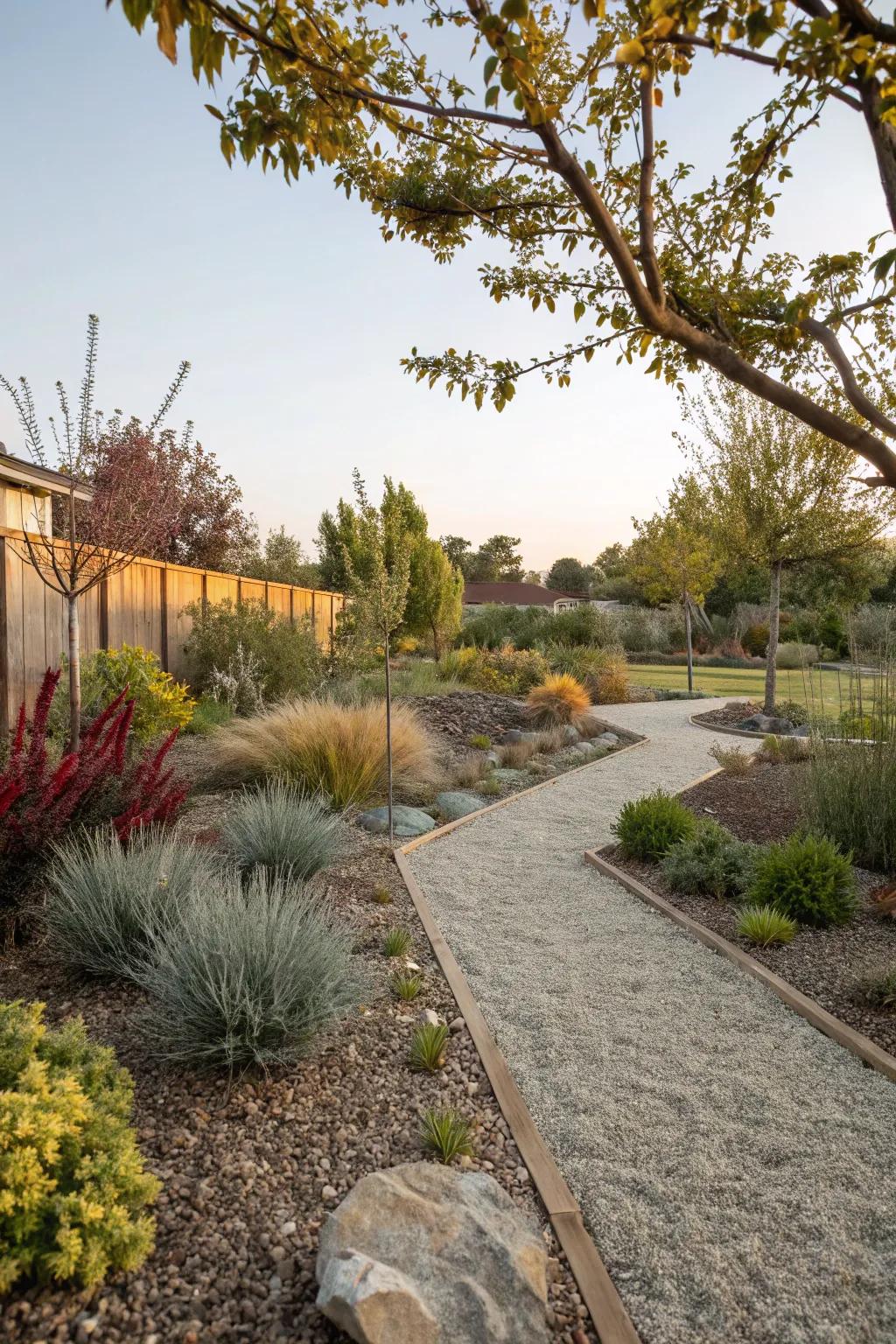 A textured Portland garden using gravel and mulch for low maintenance.